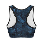 Dark Blue Tropical Leaf Pattern Print Women's Sports Bra