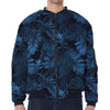 Dark Blue Tropical Leaf Pattern Print Zip Sleeve Bomber Jacket