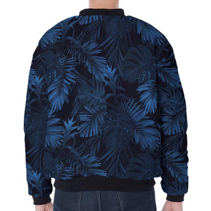 Dark Blue Tropical Leaf Pattern Print Zip Sleeve Bomber Jacket