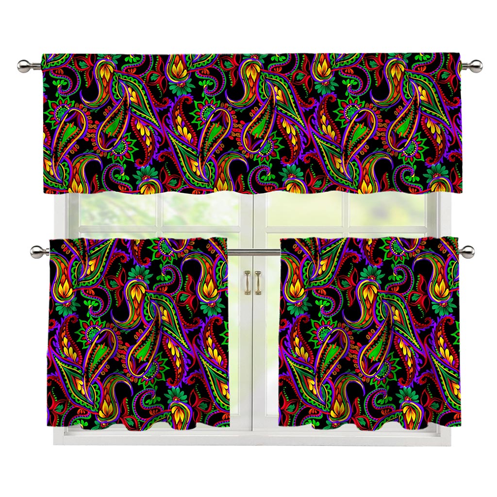 Dark Bohemian Paisley Pattern Print 3 Piece Kitchen Curtains