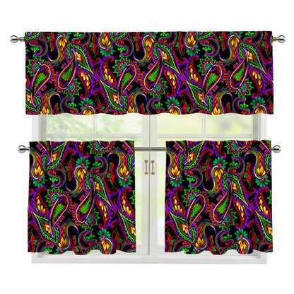 Dark Bohemian Paisley Pattern Print 3 Piece Kitchen Curtains