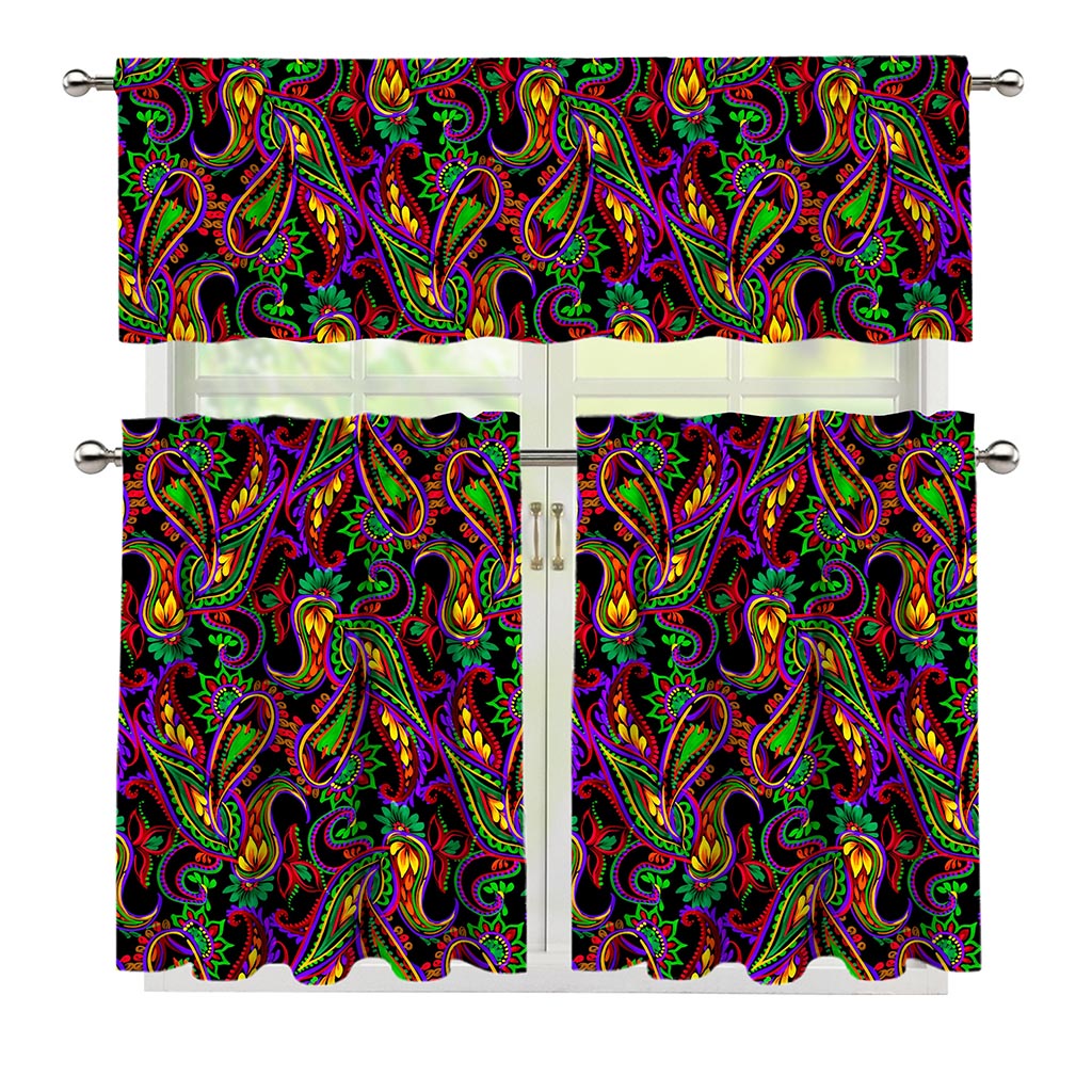 Dark Bohemian Paisley Pattern Print 3 Piece Kitchen Curtains