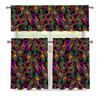 Dark Bohemian Paisley Pattern Print 3 Piece Kitchen Curtains