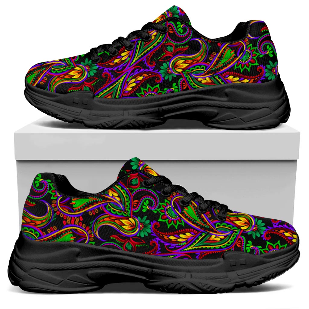 Dark Bohemian Paisley Pattern Print Black Chunky Shoes