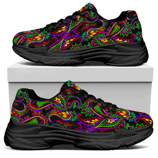 Dark Bohemian Paisley Pattern Print Black Chunky Shoes