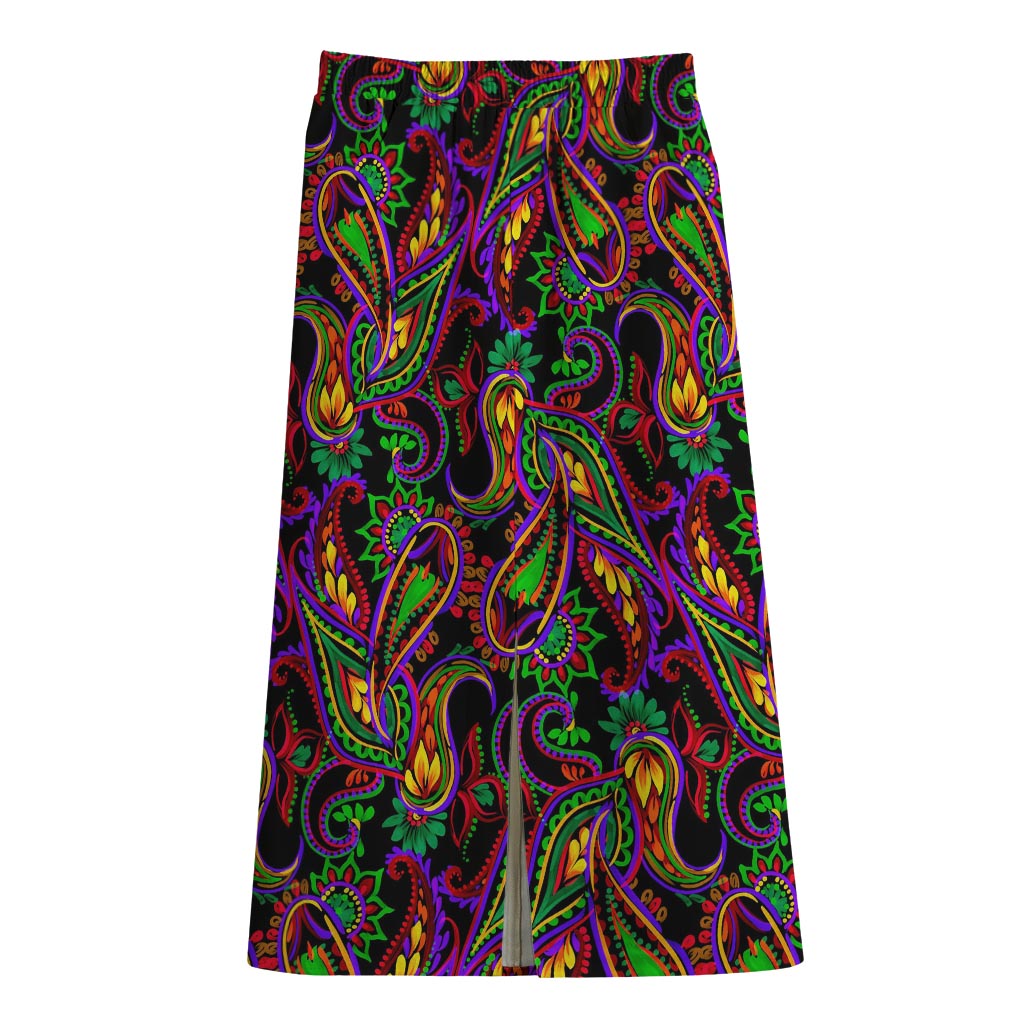 Dark Bohemian Paisley Pattern Print Cotton Front Slit Maxi Skirt