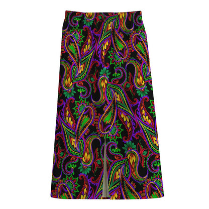 Dark Bohemian Paisley Pattern Print Cotton Front Slit Maxi Skirt