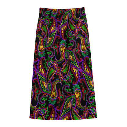 Dark Bohemian Paisley Pattern Print Cotton Front Slit Maxi Skirt