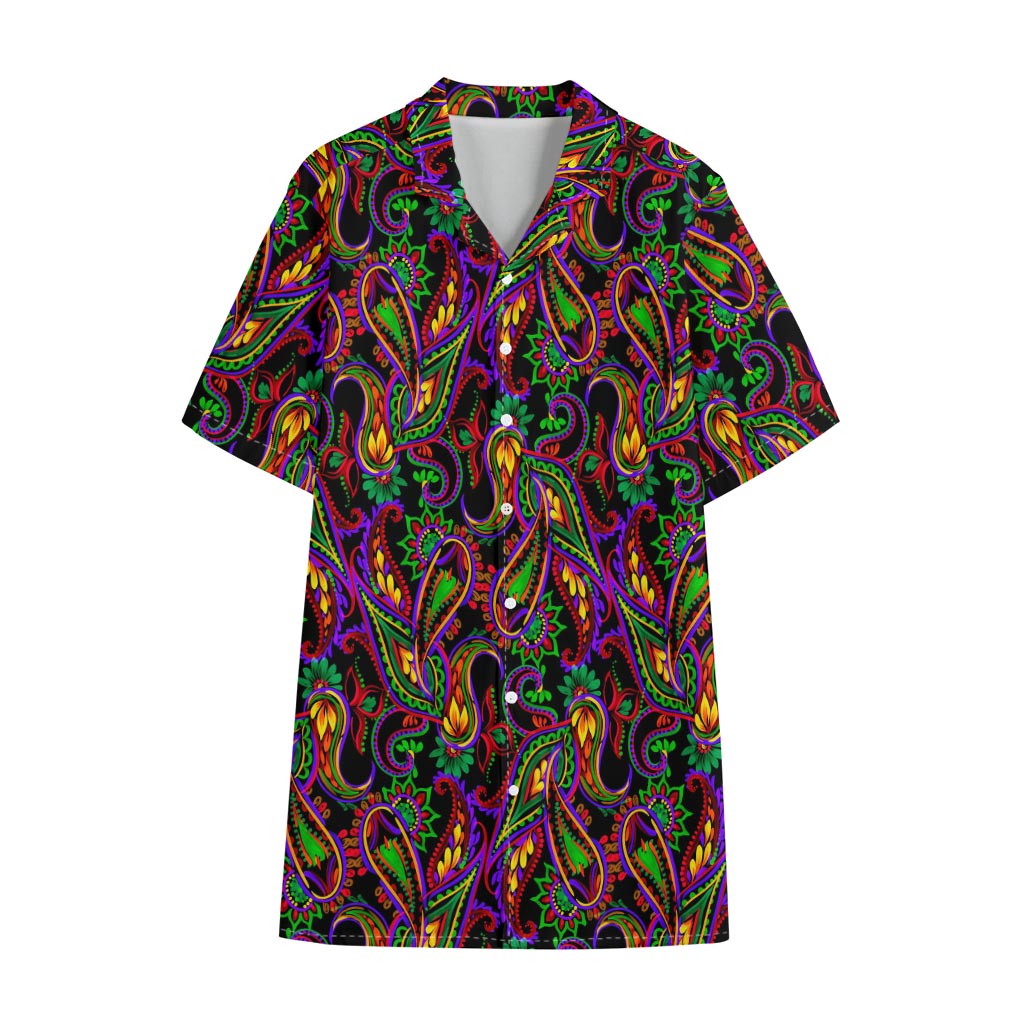 Dark Bohemian Paisley Pattern Print Cotton Hawaiian Shirt