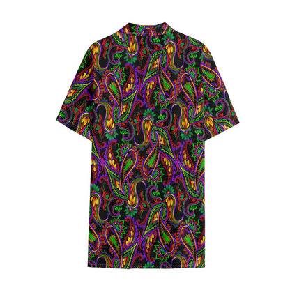 Dark Bohemian Paisley Pattern Print Cotton Hawaiian Shirt