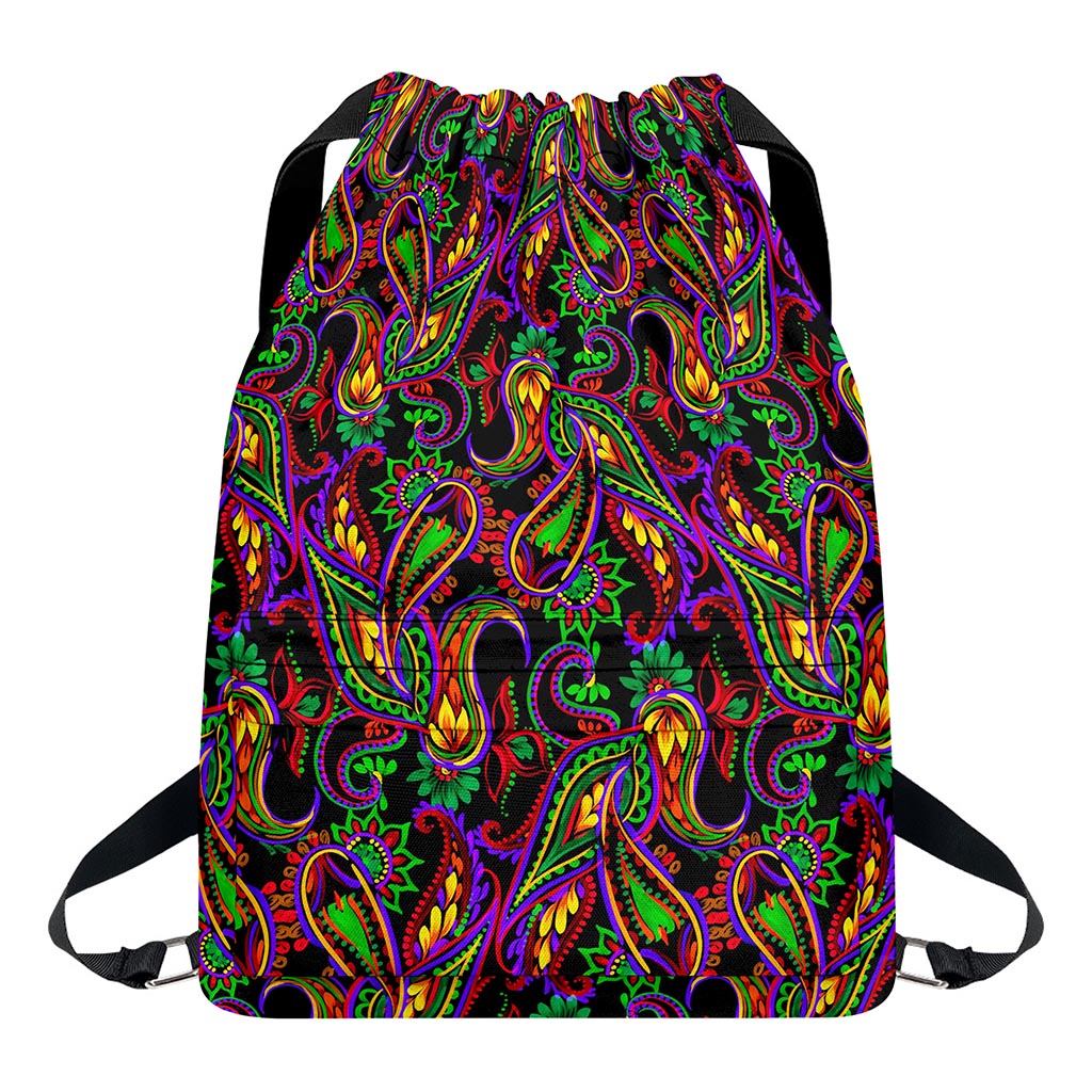 Dark Bohemian Paisley Pattern Print Drawstring Backpack