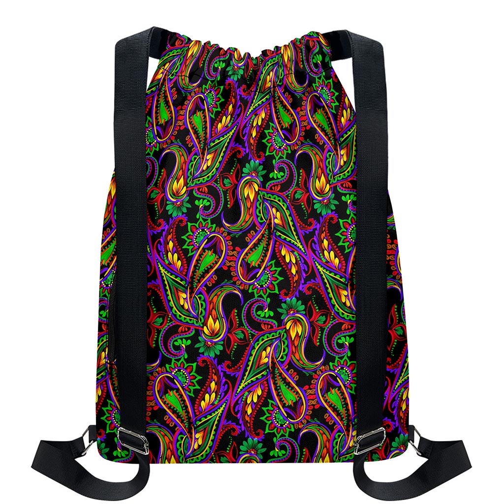 Dark Bohemian Paisley Pattern Print Drawstring Backpack