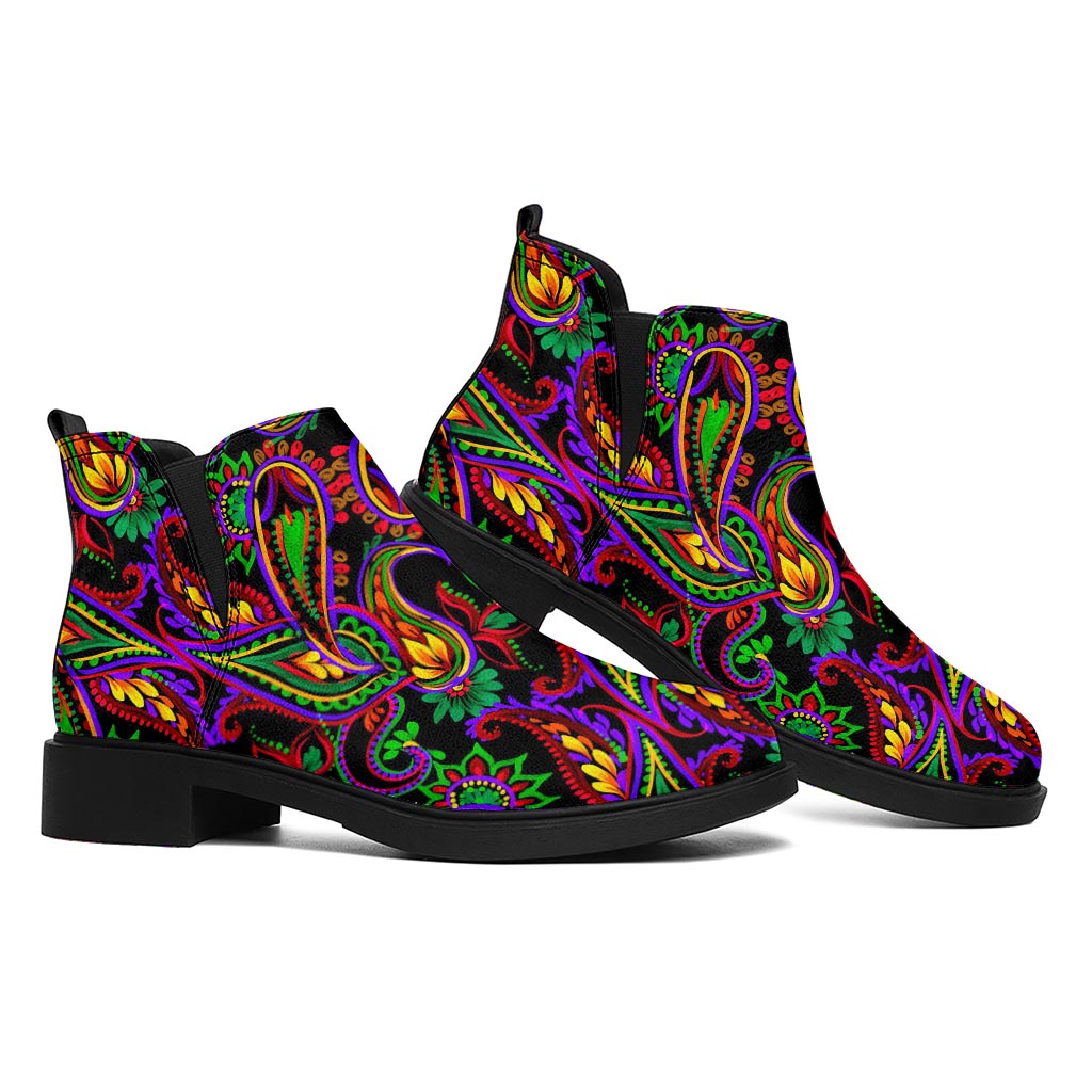 Dark Bohemian Paisley Pattern Print Flat Ankle Boots