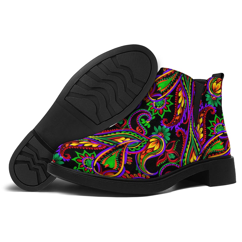 Dark Bohemian Paisley Pattern Print Flat Ankle Boots