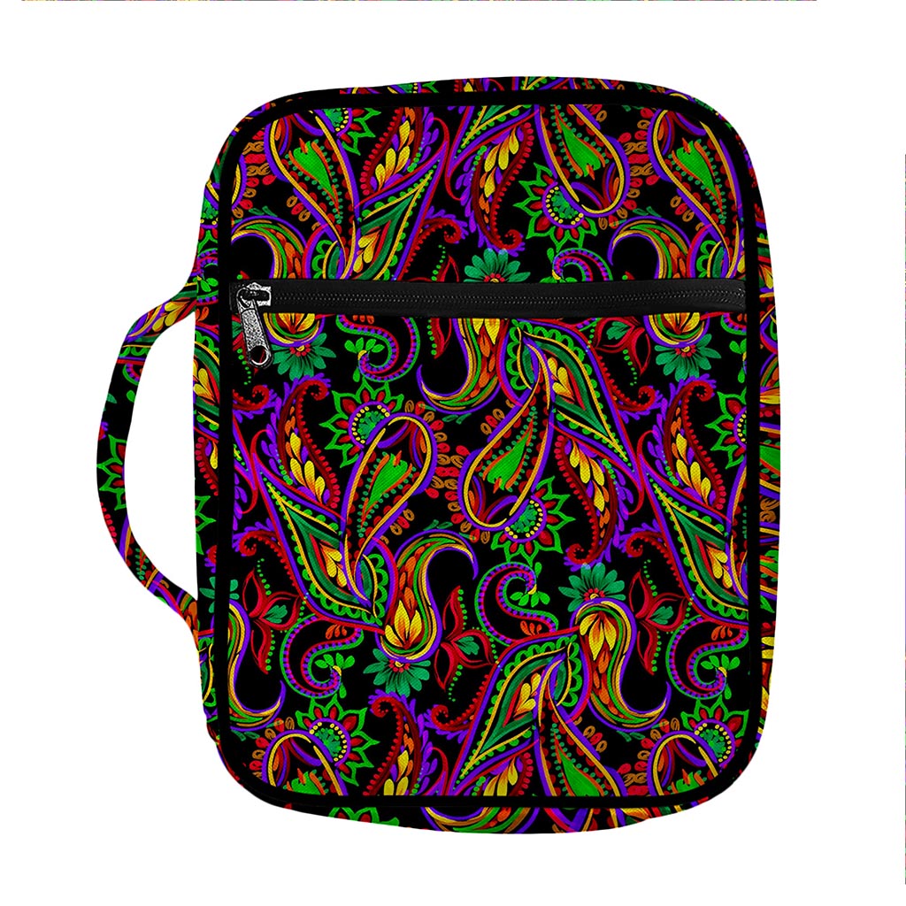 Dark Bohemian Paisley Pattern Print Front Pocket Bible Bag