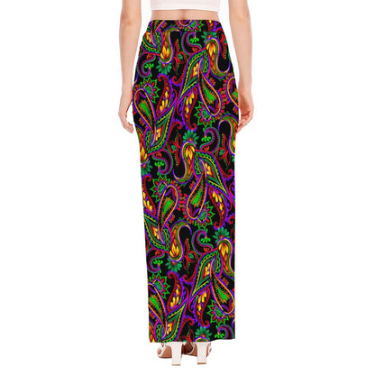 Dark Bohemian Paisley Pattern Print High Slit Maxi Skirt