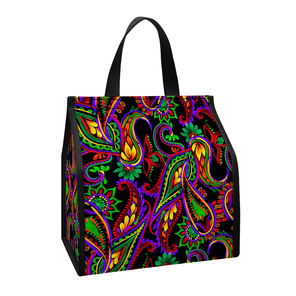 Dark Bohemian Paisley Pattern Print Insulated Lunch Tote