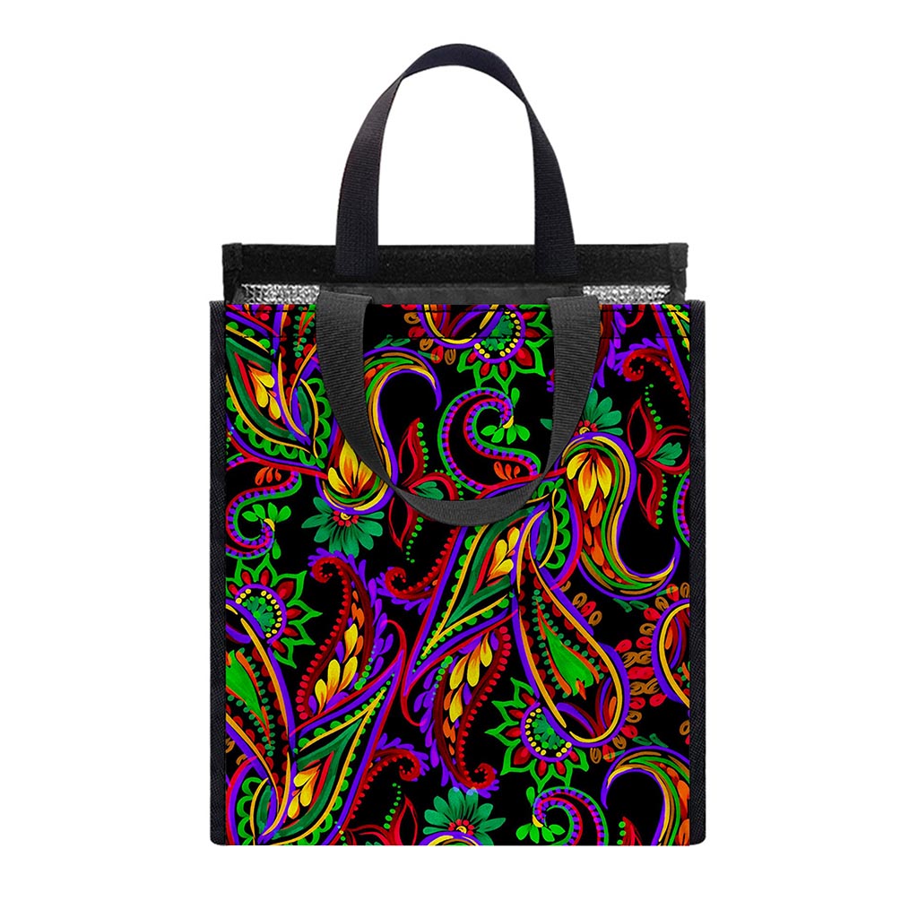 Dark Bohemian Paisley Pattern Print Insulated Lunch Tote