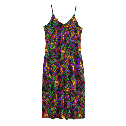 Dark Bohemian Paisley Pattern Print Jersey Midi Cami Dress