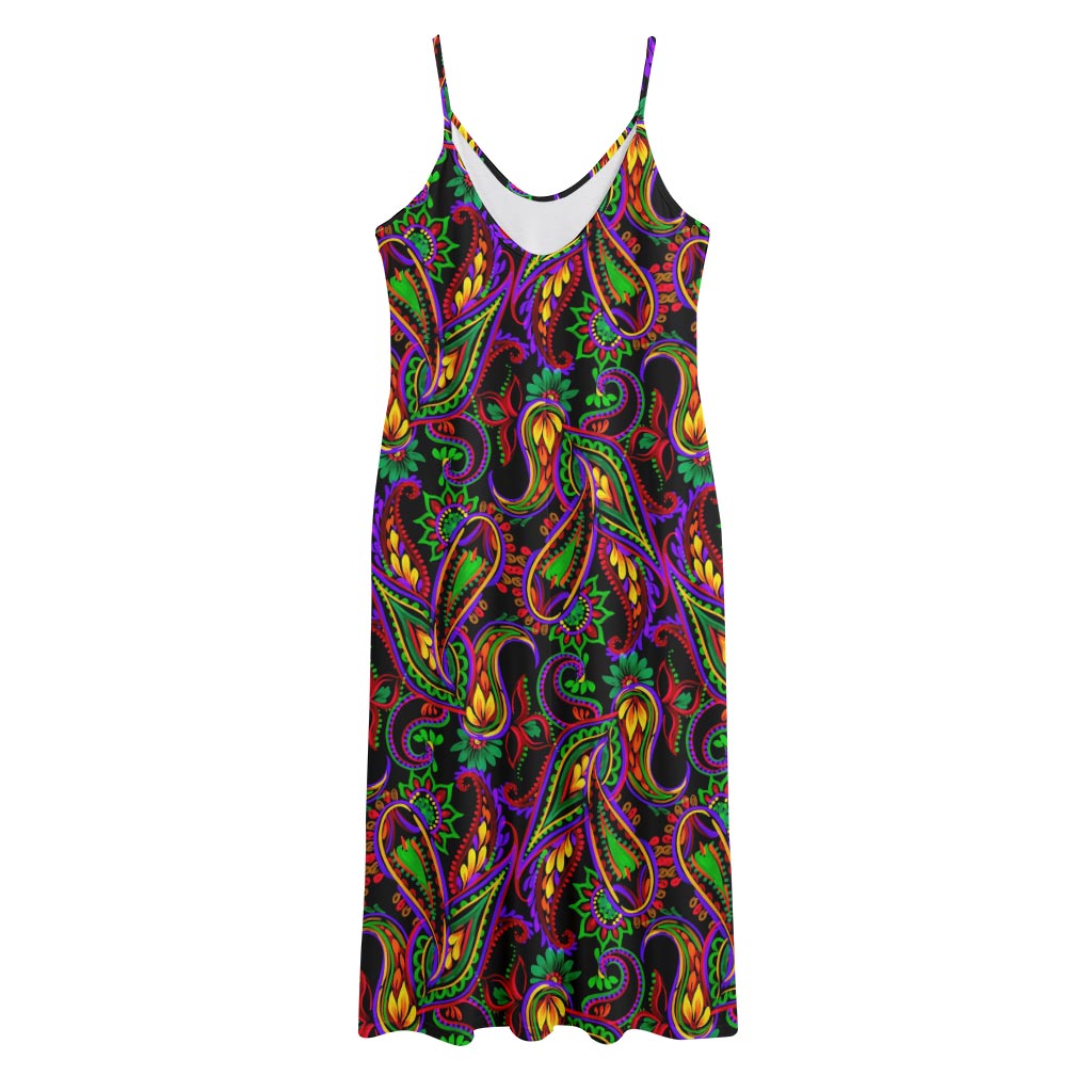Dark Bohemian Paisley Pattern Print Jersey Midi Cami Dress