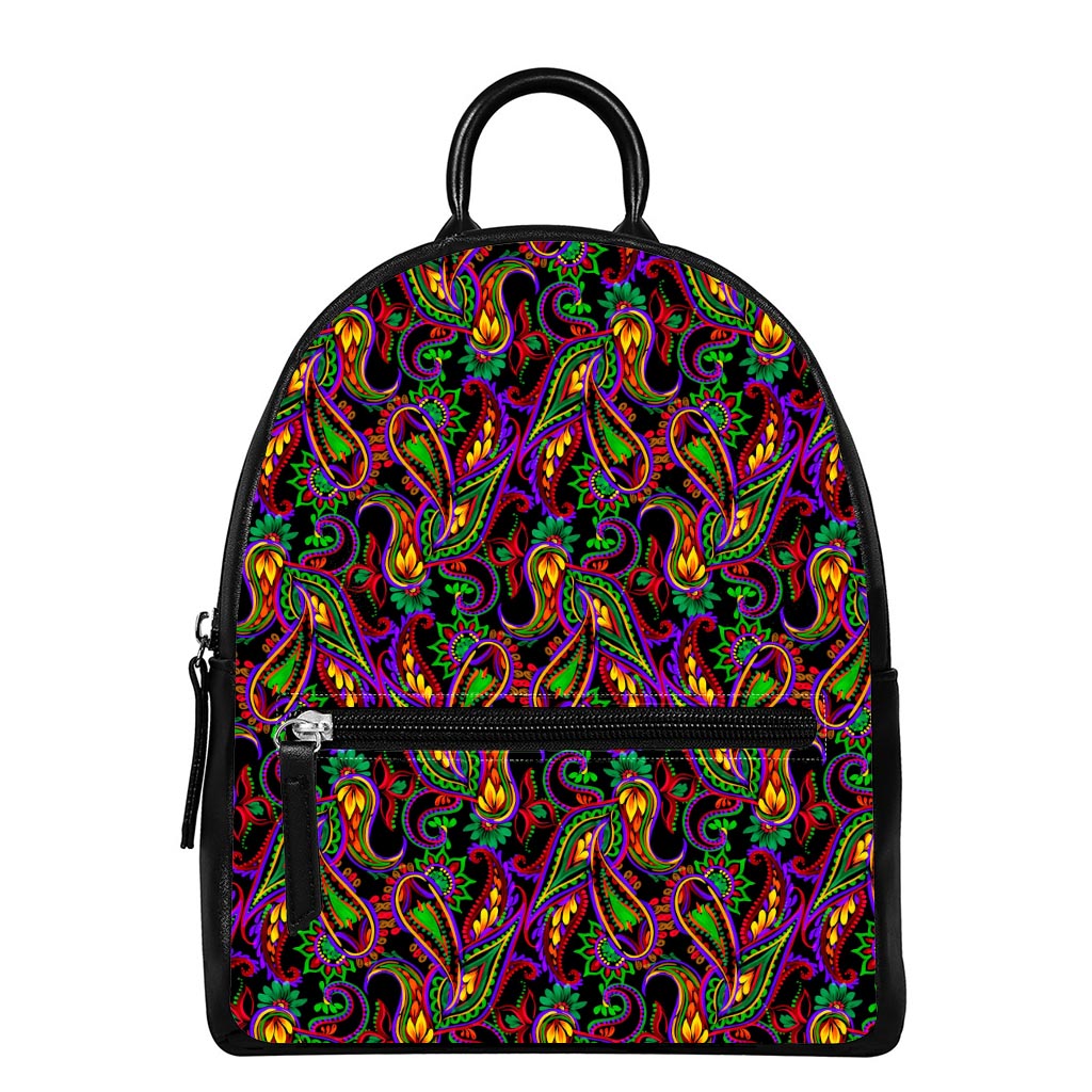 Dark Bohemian Paisley Pattern Print Leather Backpack