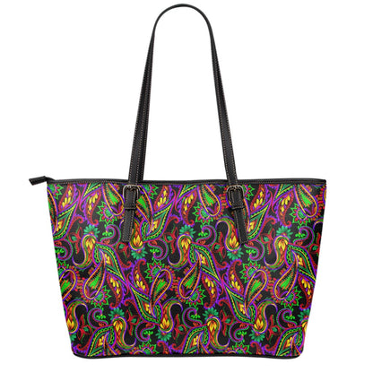 Dark Bohemian Paisley Pattern Print Leather Tote Bag