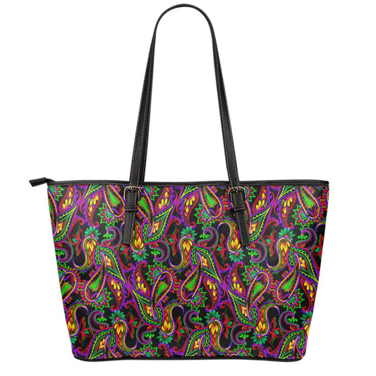 Dark Bohemian Paisley Pattern Print Leather Tote Bag
