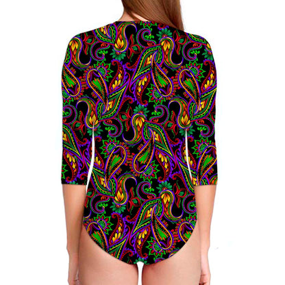 Dark Bohemian Paisley Pattern Print Long Sleeve Swimsuit