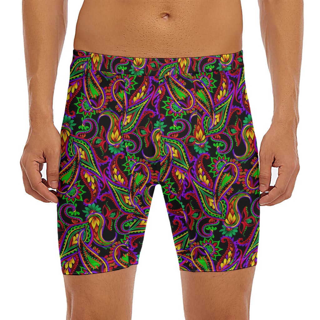 Dark Bohemian Paisley Pattern Print Men's Long Boxer Briefs