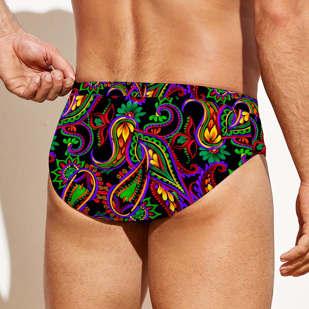 Dark Bohemian Paisley Pattern Print Men's Swim Briefs