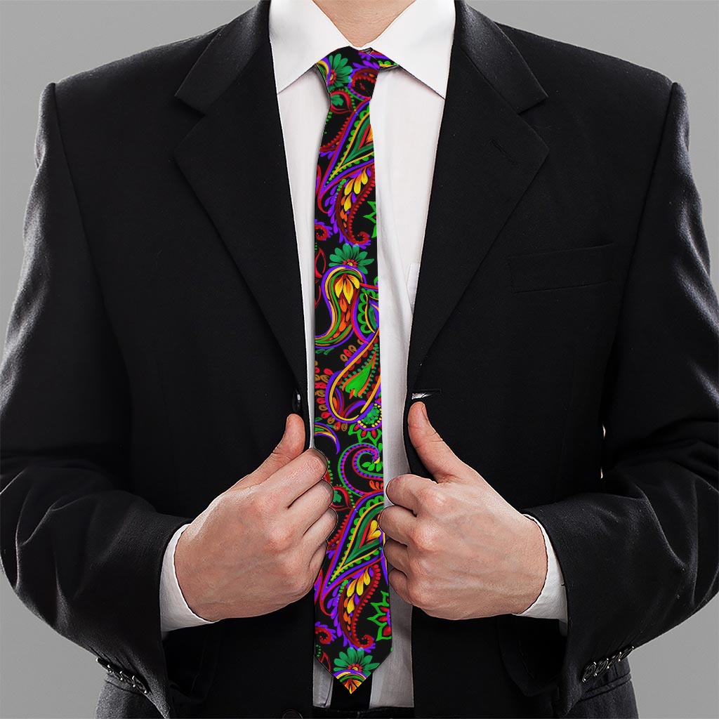 Dark Bohemian Paisley Pattern Print Necktie