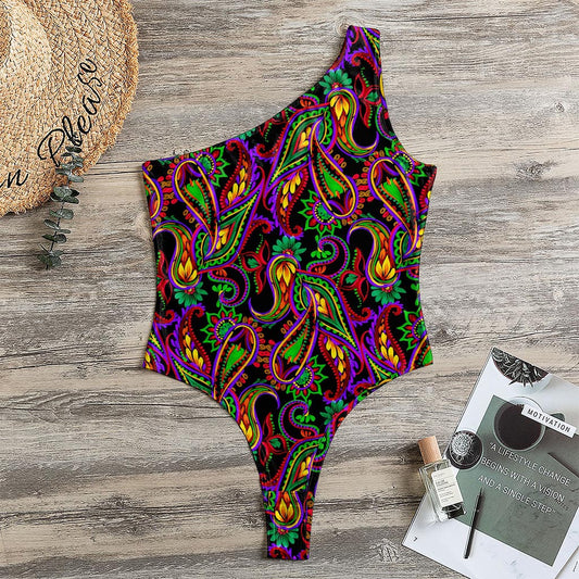 Dark Bohemian Paisley Pattern Print One Shoulder Bodysuit