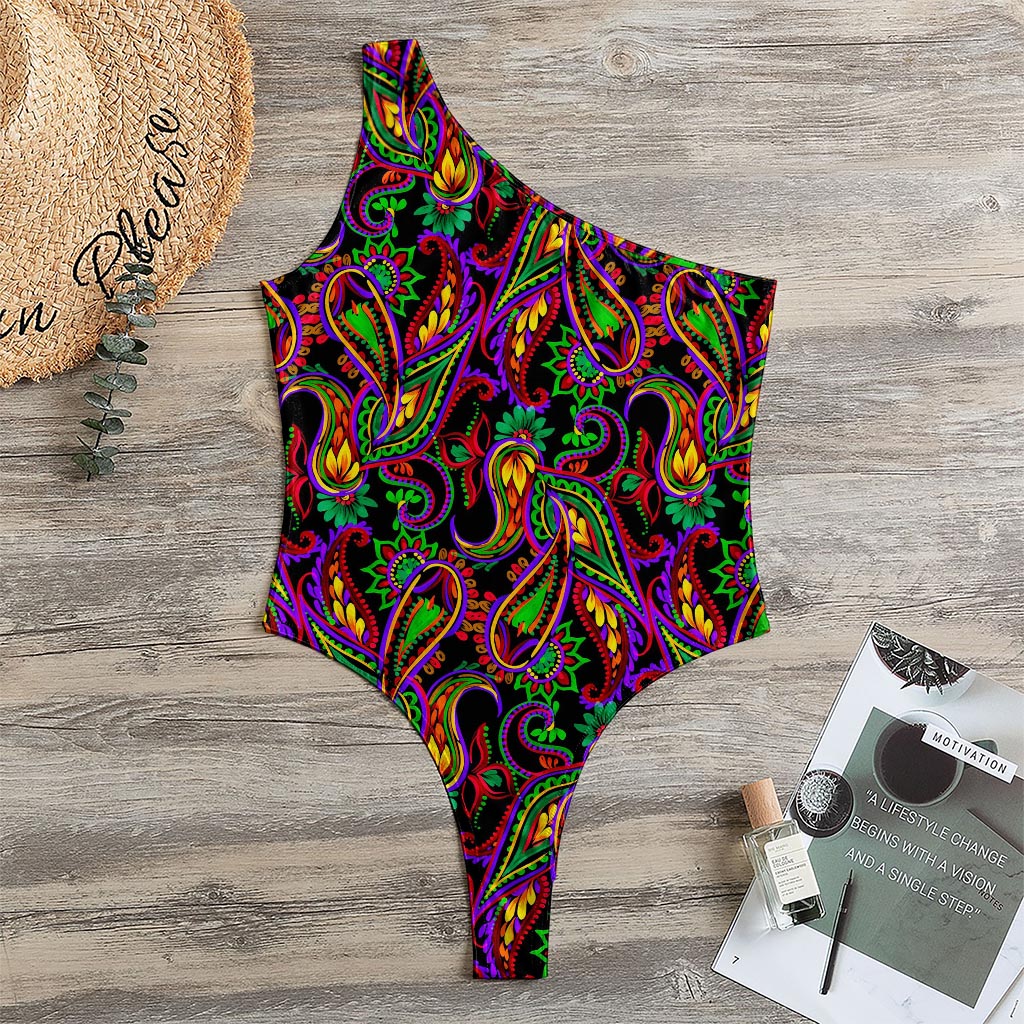 Dark Bohemian Paisley Pattern Print One Shoulder Bodysuit