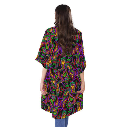 Dark Bohemian Paisley Pattern Print Open Front Beach Cover Up