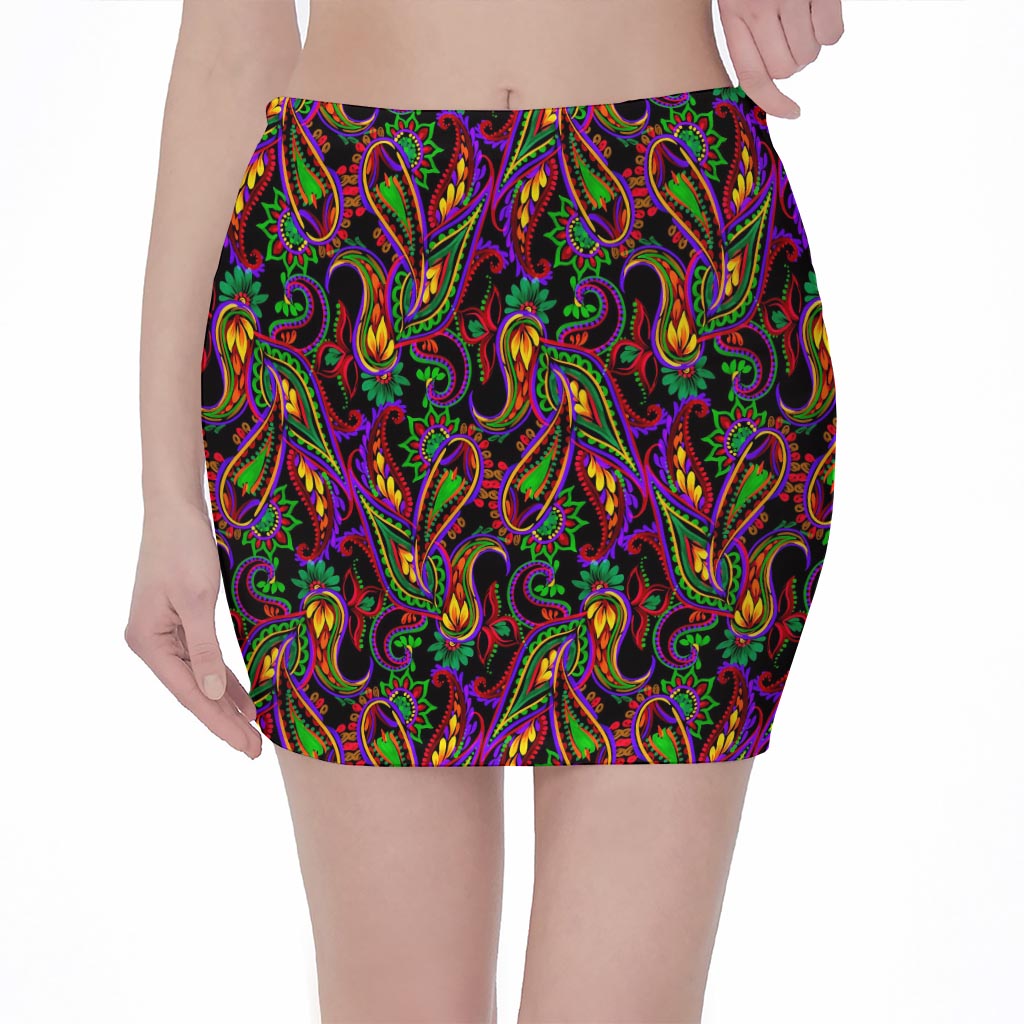 Dark Bohemian Paisley Pattern Print Pencil Mini Skirt