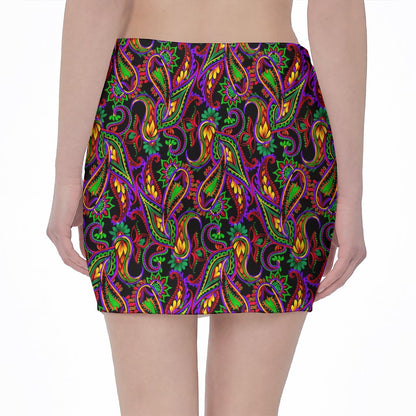 Dark Bohemian Paisley Pattern Print Pencil Mini Skirt