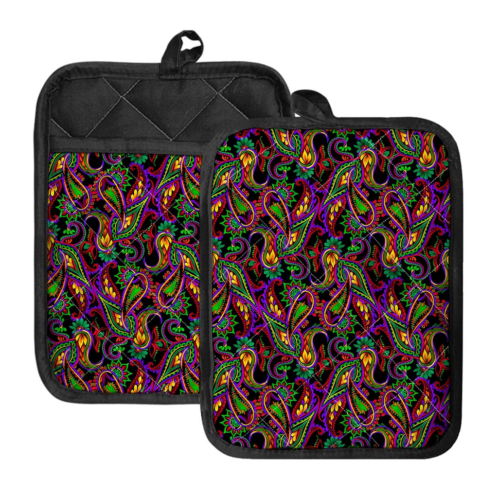 Dark Bohemian Paisley Pattern Print Pot Holders With Pocket
