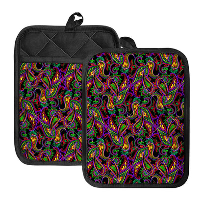 Dark Bohemian Paisley Pattern Print Pot Holders With Pocket