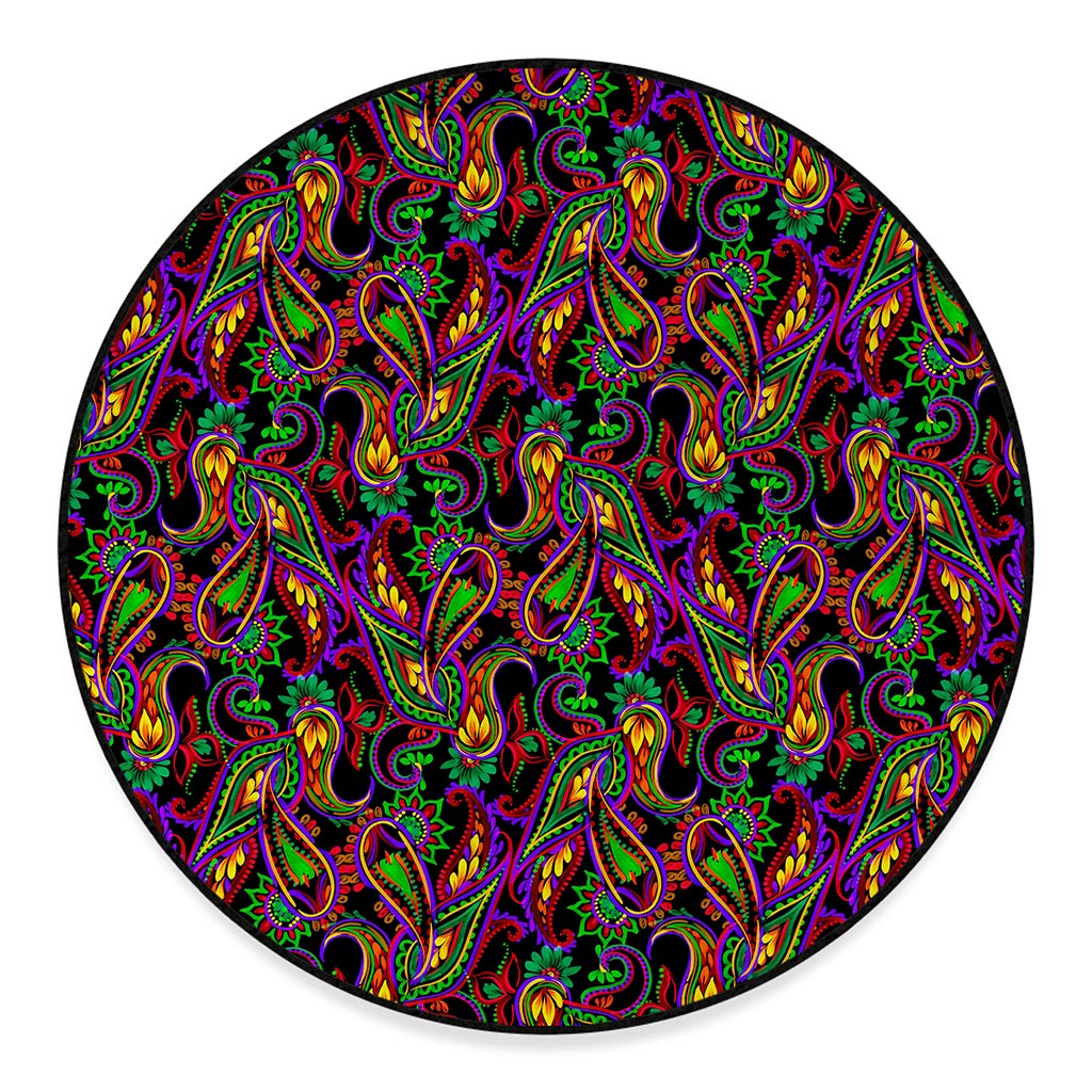 Dark Bohemian Paisley Pattern Print Round Floor Mat