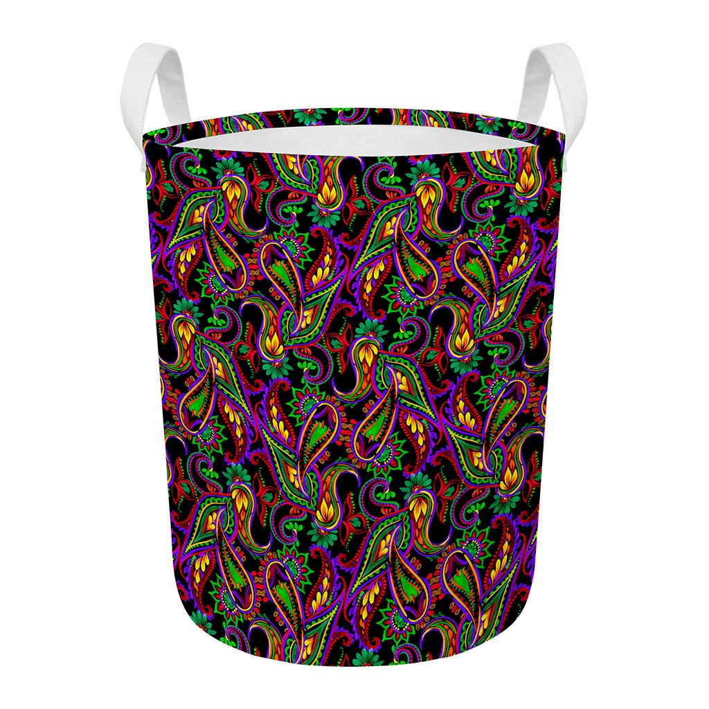 Dark Bohemian Paisley Pattern Print Round Laundry Basket