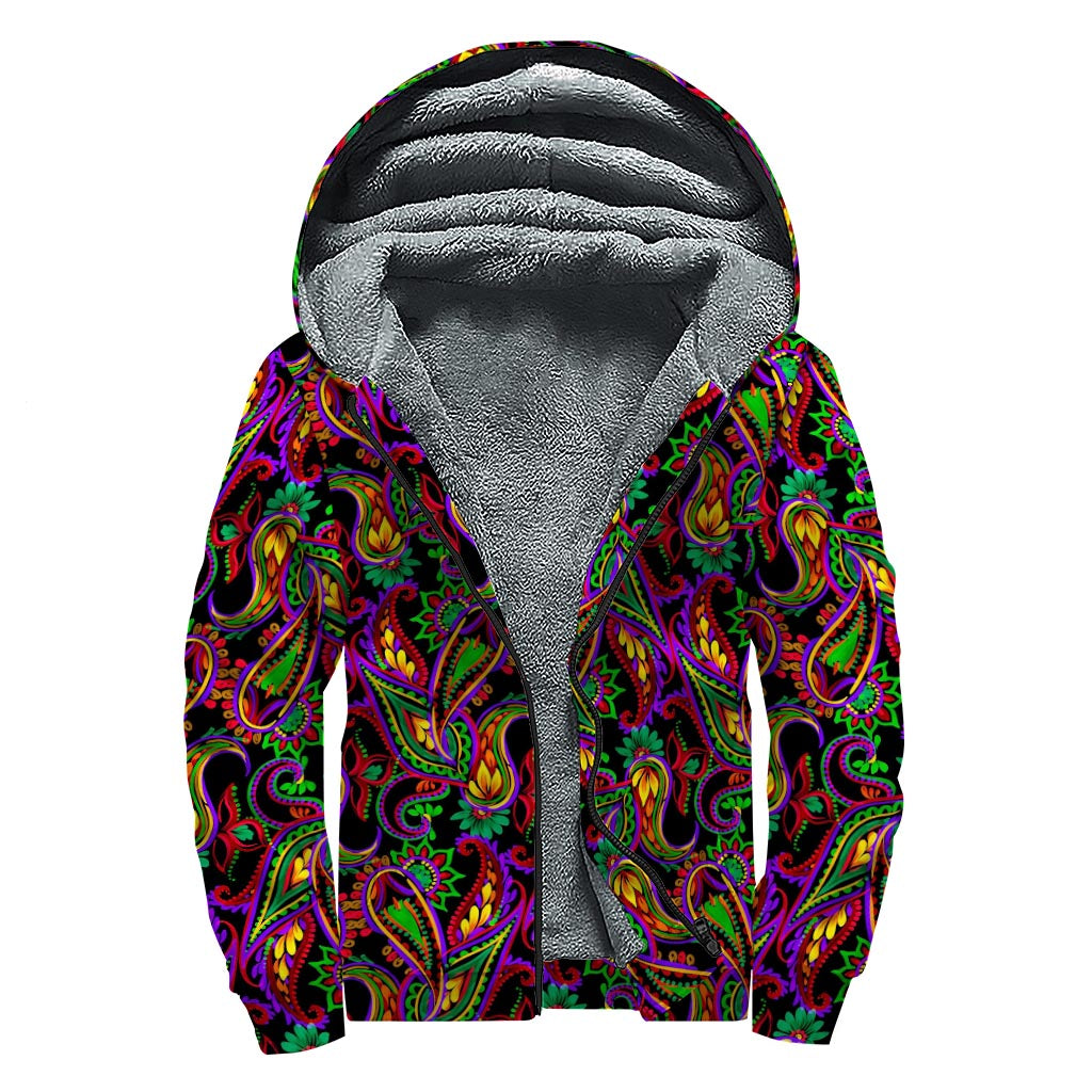 Dark Bohemian Paisley Pattern Print Sherpa Lined Zip Up Hoodie