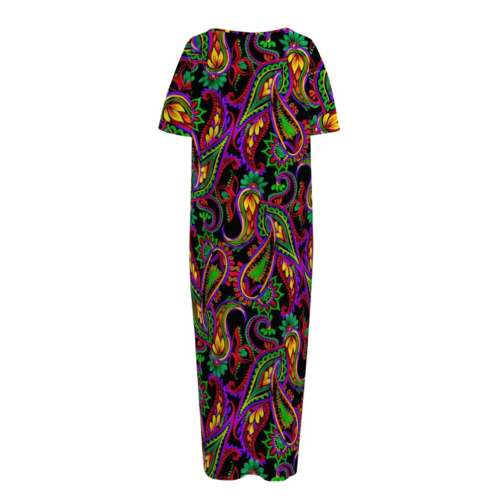 Dark Bohemian Paisley Pattern Print Short Sleeve Long Nightdress