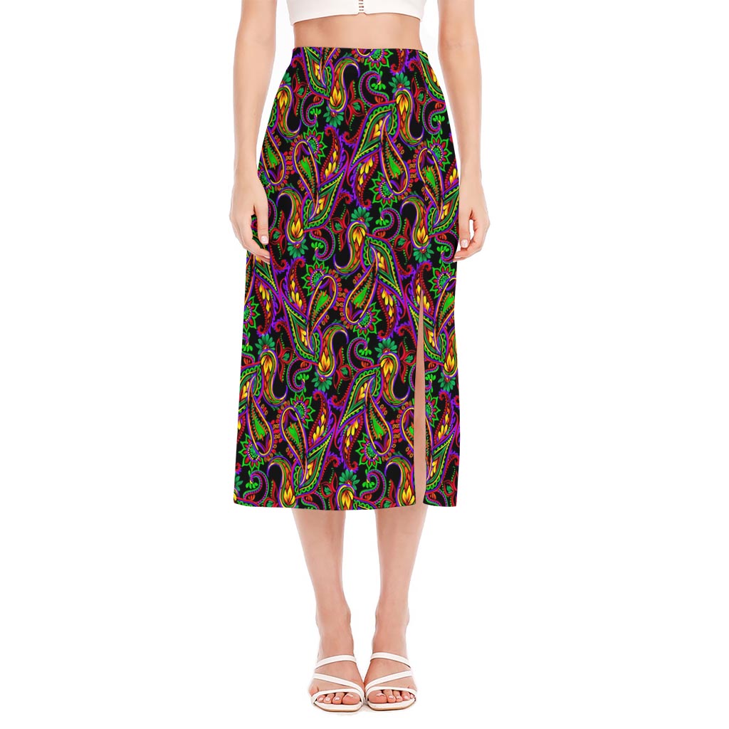 Dark Bohemian Paisley Pattern Print Side Slit Midi Skirt