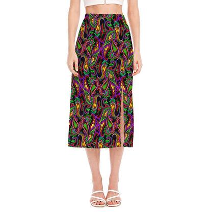 Dark Bohemian Paisley Pattern Print Side Slit Midi Skirt