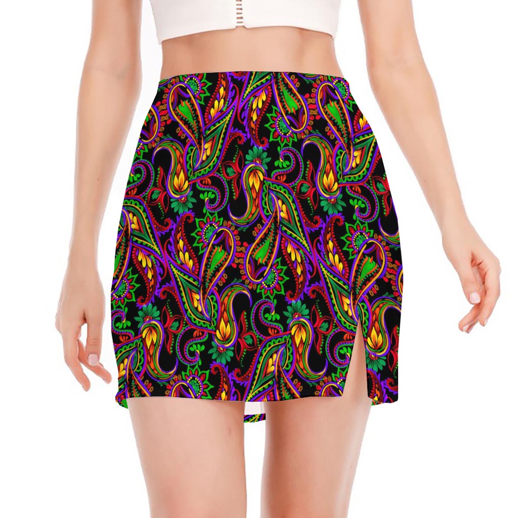 Dark Bohemian Paisley Pattern Print Side Slit Mini Skirt