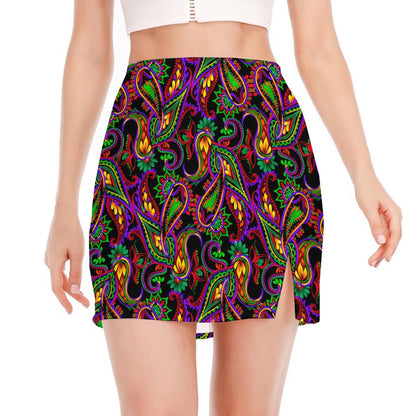 Dark Bohemian Paisley Pattern Print Side Slit Mini Skirt