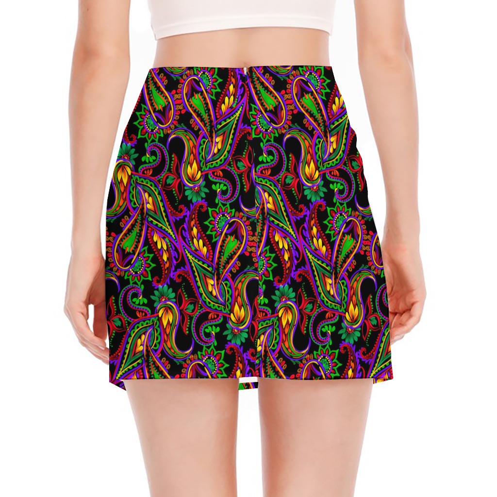 Dark Bohemian Paisley Pattern Print Side Slit Mini Skirt