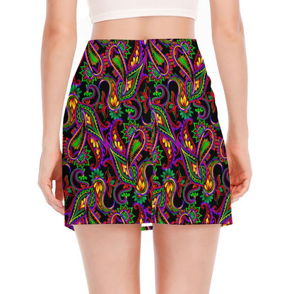 Dark Bohemian Paisley Pattern Print Side Slit Mini Skirt