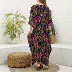 Dark Bohemian Paisley Pattern Print Silk V-Neck Kaftan Dress