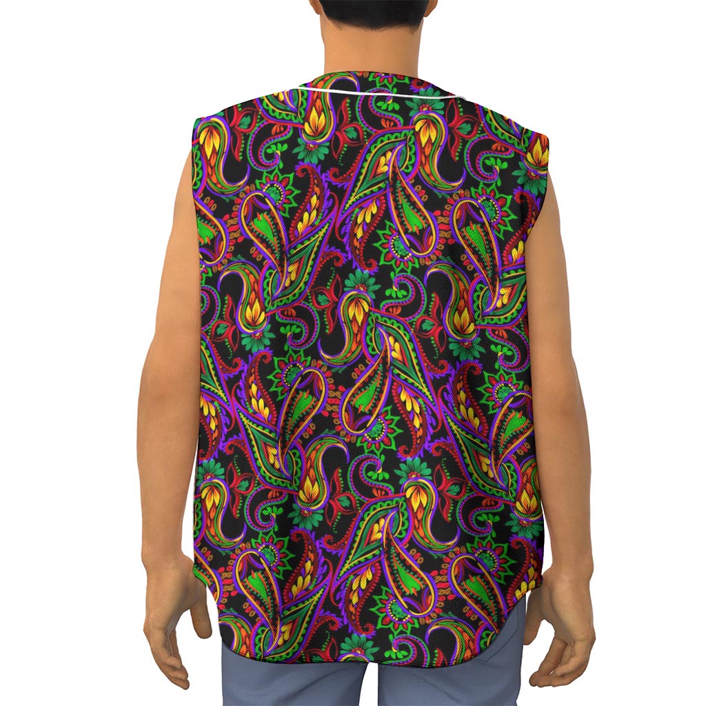 Dark Bohemian Paisley Pattern Print Sleeveless Baseball Jersey
